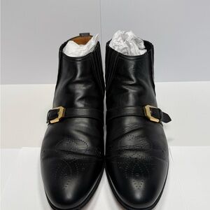Gucci Black Leather Men's Boots with Gold Buckle